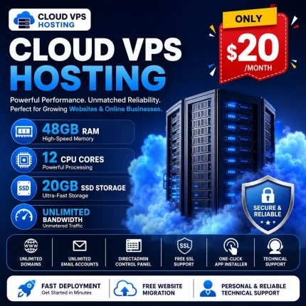 Cloud VPS Hosting with 48GB RAM, 12 CPU Cores & Unlimited Bandwidth