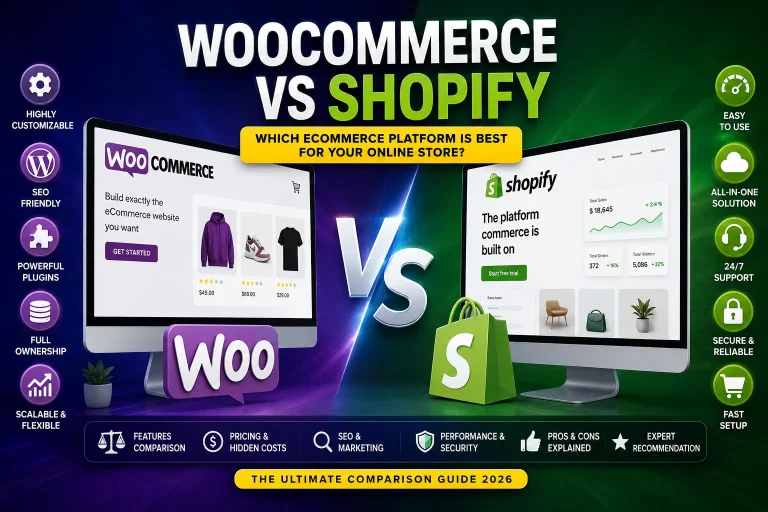 WooCommerce vs Shopify comparison showing features, SEO, pricing, customization, security, and performance to help choose the best eCommerce platform for an online store in 2026.